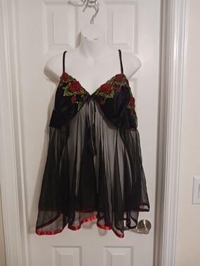 Sheer Black Babydoll Topwith Red Rose Embroidery Whimsygoth 3X
